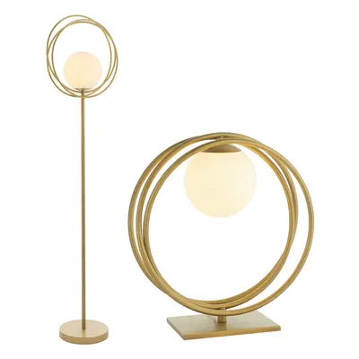 Brushed Gold Loop Light Set - Floor & Table Lamp Bundle - Opal Glass Shades