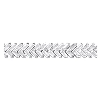 Jewelco London Ladies Rhodium Plated Sterling Silver Baguette CZ Herringbone Cluster Tennis Brac