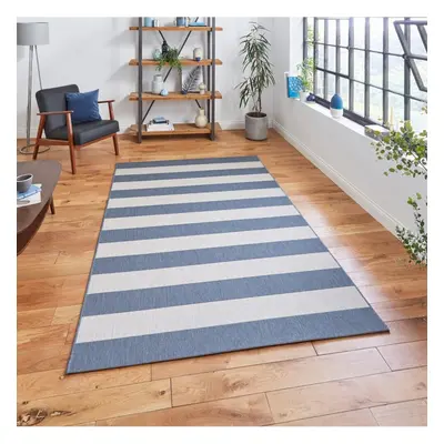 (120x170cm) Santa Monica Indoor Outdoor Stripe Rug in Blue Light Beige