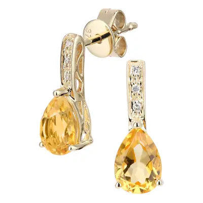 Jewelco London 9ct Yellow Gold Round 3pts Diamond Pear 1.3ct Citrine Teardrop Drop Earrings - DE