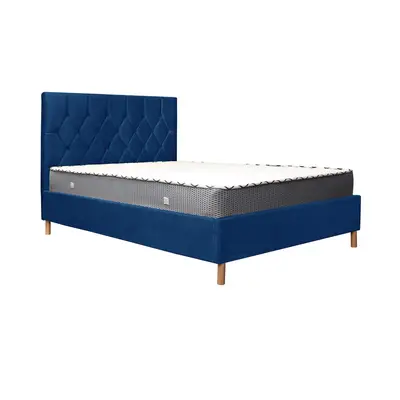 (Blue, King) Loxley Fabric Bed with Headboard - Sprung Slatted Base