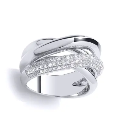 (N) Jewelco London Sterling Silver CZ & Polished Crossover Ring Cocktail Ring - GVR979