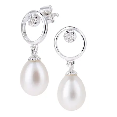 Jewelco London 9ct White Gold Round 1pts Diamond Oval Pearl 7.5x9mm Flower Cap Halo Drop Earring