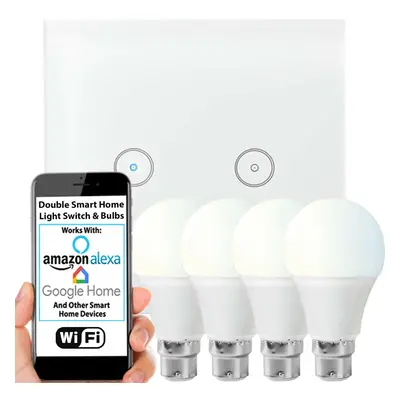 WiFi Light Switch & Bulb 4x 10W B22 Cool White Lamp & Double Wireless Wall Plate