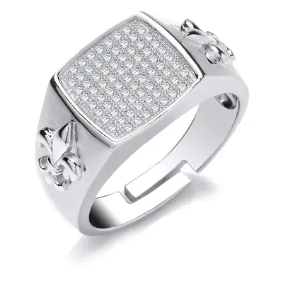 (U) Jewelco London Mens Rhodium Plated Sterling Silver Cubic Zirconia Fleur De Lis Square Cushio