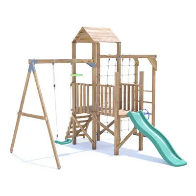 BalconyFort Climbing Frame with Single Swing, Low Platform, Monkey Bars, Cargo Net & Slide