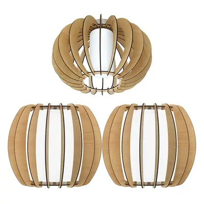 Low Ceiling Light & 2x Matching Wall Lights Wood Cage & White Glass Shade Lamp