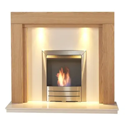 Adam Fenwick in Oak & White Marble With Downlights & Colorado Bio Ethanol Fire in Brushed Steel,