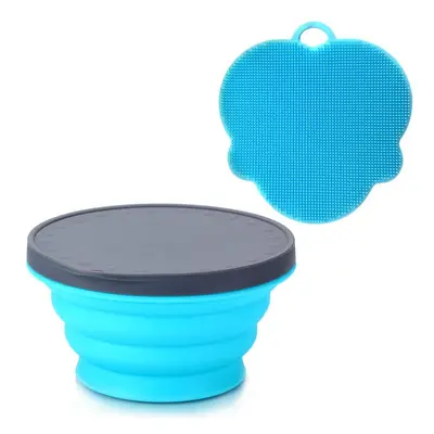 (Blue) Silicone Collapsible Portable Bowl Expandable with Lid and Dish Sponge for Travel Camping