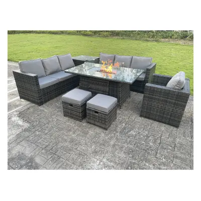 Fimous Rattan Garden Furniture Gas Fire Pit Dining Table Gas Heater Sets Lounge Chairs Seater