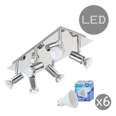 Modern Rectangular Silver Chrome Way Adjustable GU10 Ceiling Spotlight - Complete with 5w LED Bu