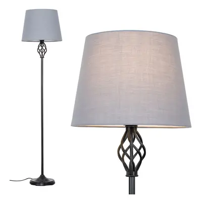 Traditional Style Black Barley Twist Floor Lamp with a Grey Tapered Light Shade