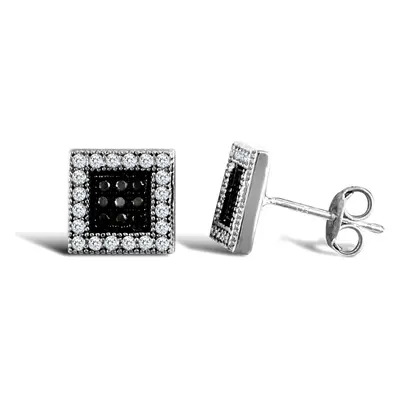 Jewelco London Ladies 9ct White Gold Black and White Round Brilliant Cubic Zirconia Square Stud 