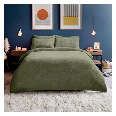 (King) Silentnight Teddy Fleece Duvet Set, Sage Green with Pillowcase Included