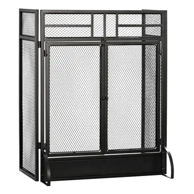 HOMCOM 3-Panel Folding Freestanding Fireplace Screen with Door Metal Mesh, Black