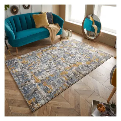 (Yellow / Grey, 120x170 cm) Living Room Bedroom Contemporary Distressed Faded Rugs Multi Coloure