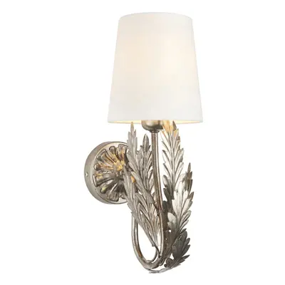 Ornate Silver Wall Light Fitting & Ivory Cotton Shade Decorative Leaf Design