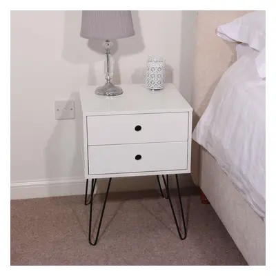 (White) Bedside Cabinet Side Table Nightstand Storage Drawers Metal Legs