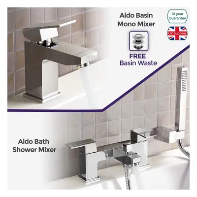 Aldo Bathroom Chrome Solid Brass Basin Mixer Tap & Bath Shower Mixer Tap + Waste