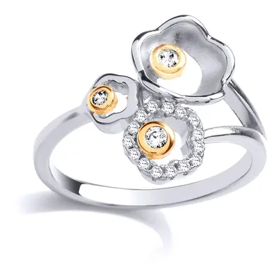 (L) Jewelco London Ladies Rhodium & Yellow Gold-Plated Sterling Silver Cubic Zirconia Daisy Flow