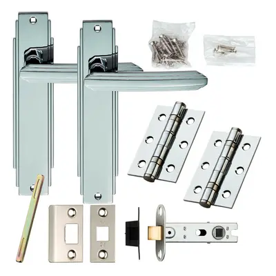 Door Handle & Latch Pack Chrome Art Deco Premium Lever on Backplate x 45mm