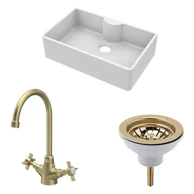 Fireclay Kitchen Bundle - Single Bowl Butler Sink with Tap Ledge, Waste & Mono Tap, 795mm - Brus