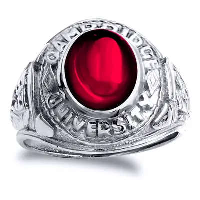 (U) Jewelco London Mens Rhodium Plated Sterling Silver Red Oval Cubic Zirconia Cabochon College 