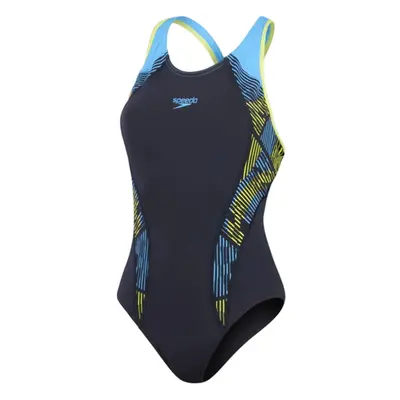 (12 UK, Navy/Yellow) Speedo Womens/Ladies Placement Laneback One Piece Swimsuit