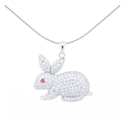 Jewelco London Rhodium Silver Red Round Brilliant CZ Fluffy Bunny Rabbit Charm Pendant - APD205