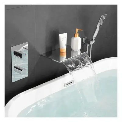 (Silver) Bathtub Waterfall Faucet Set Wall Mount Tub Spout Hot and Cold Mixer Concealed Tap With