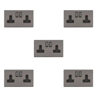 5 PACK Gang DP 13A Switched UK Plug Socket SCREWLESS BLACK NICKEL Wall Power