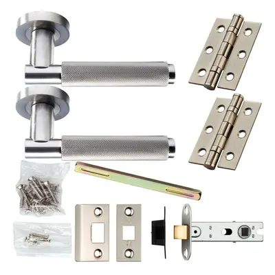 Door Handle & Latch Pack Satin Nickel Modern Knurled Bar Screwless Round Rose