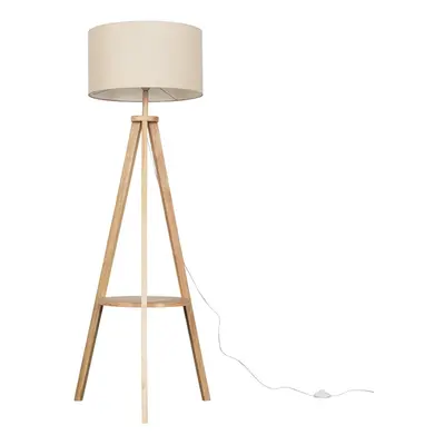 Modern Light Wood Tripod Design Floor Lamp with Storage Shelf & Beige Drum Shade - Complete with