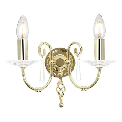 Twin Wall Light Cut Glass Droplets Swirl Finial Polished Brass LED E14 60W