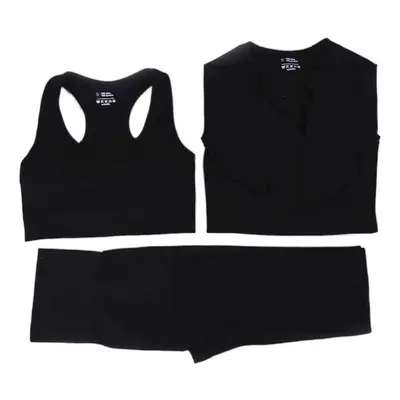 (Black, 3Pcs Set) Women Seamless Yoga Set Gym SportWear Running Outwork Fitness Long SLeeve High