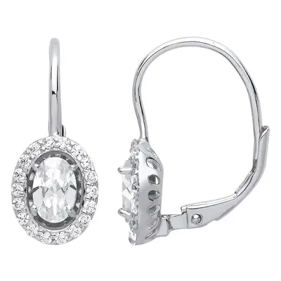 Jewelco London Ladies Rhodium Plated Sterling Silver Oval CZ Solitaire Halo Drop Earrings - GVE8