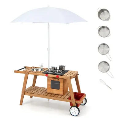 Wooden Kids Play Cart Children RolePlay Kitchen Set Trolley W/Umbrella