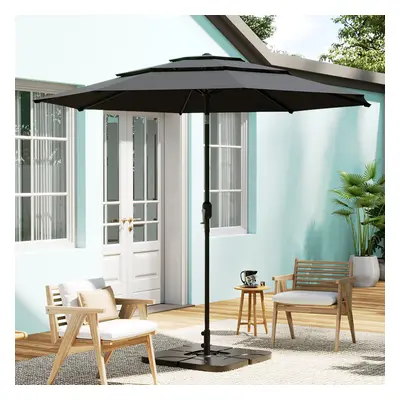 (Dark Grey, 4Pcs 15L Water Tanks) 3-Tier Garden Parasol Sun Shade Tilting Umbrella Beach Holiday