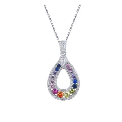 Jewelco London Rhodium Silver Rainbow Round Brilliant CZ Double Halo Magic Avocado Pendant Neckl