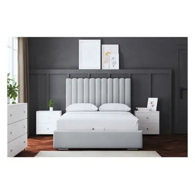 (Small Double, Silver) Evangeline Panel Upholstered Bed with Ottoman