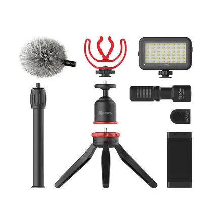 (B) Microphone Mic LED Light Tripod Phone Clip Holder Kit for Smartphone Vlog Live Studio Video 