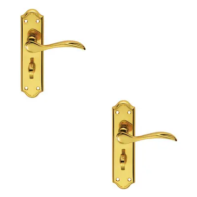 2x PAIR Curved Door Handle Lever on Bathroom Backplate x 45mm Polished Brass