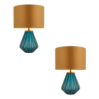 2 PACK Turqoise Glass Base Table Lamp Light & Gold Fabric Shade - Black Detail