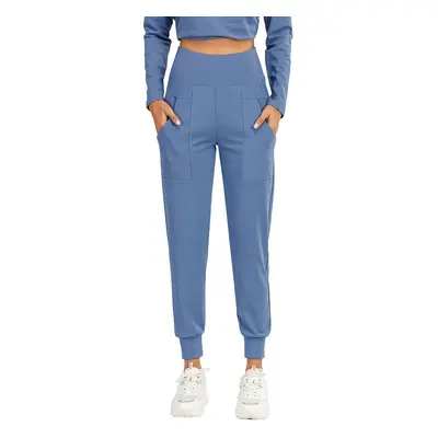 (Blue, L) Women Sports Pants High Waist Pocket Quick Dry Moisture-wicking Breathable