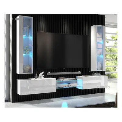 (Blue LED Lights) Furneo White Floating TV Unit High Gloss Matt Living Room Set Display Cabinets