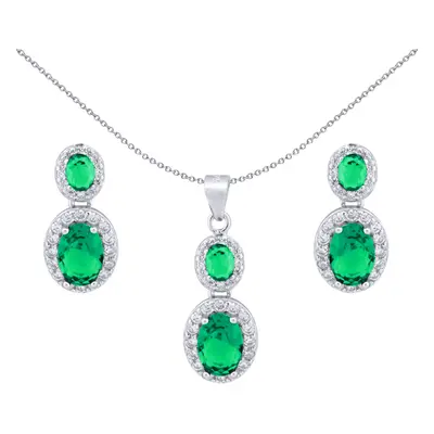 Jewelco London Rhodium Silver Green Oval CZ Royal Halo Cluster Earrings & Necklace Set - AEP001G