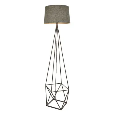 Geometric Cage Floor Lamp Aged Copper & Grey Fabric Shade 1750mm Tall Standing