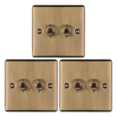 3 PACK Gang Double Retro Toggle Light Switch ANTIQUE BRASS 10A Way Plate