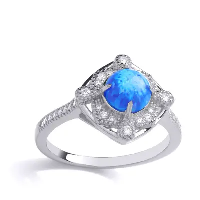 (Q) Jewelco London Sterling Silver CZ & Created Opal Fancy Ring Cocktail Ring - GVR881