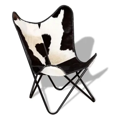 vidaXL Butterfly Chair Camping Chair Black and White Real Cowhide Leather